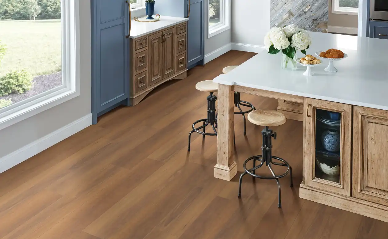 Luxury vinyl flooring with barstool seating.